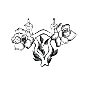 art print of line drawing of an uterus with two middle fingers over the ovaries and flowers.